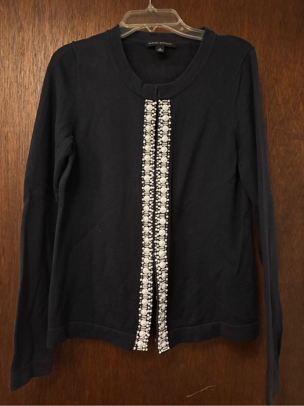 Banana Republic Navy Crewneck Cardigan with White Bead Trim